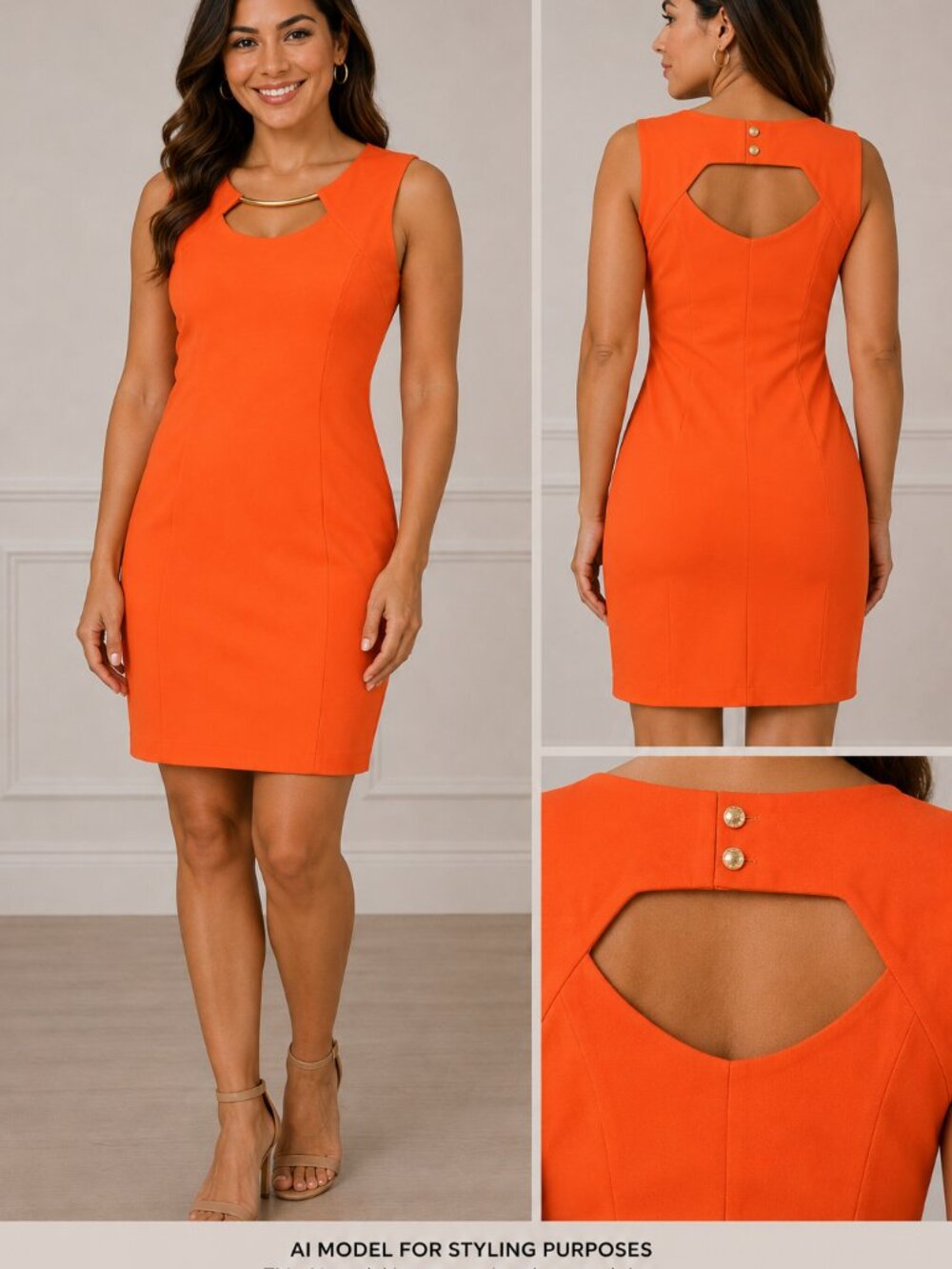 Jennifer Lopez Bright Orange Cutout/Gold Accent Sheath Midi Dress size 8